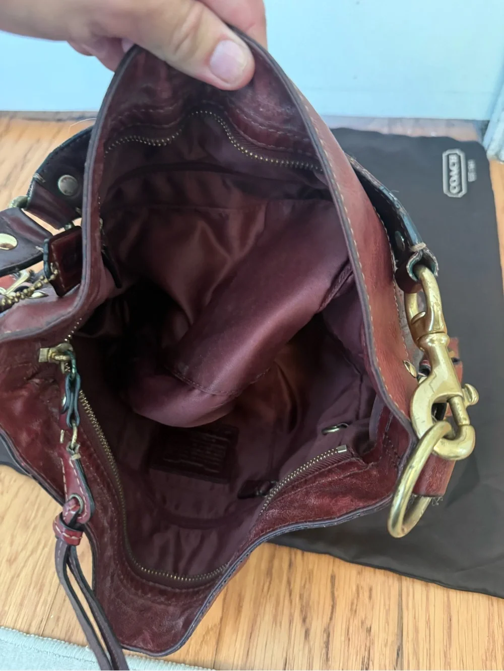 COACH Zoe Signature Burgundy Signature Canvas Shoulder Bag with Leather Trim